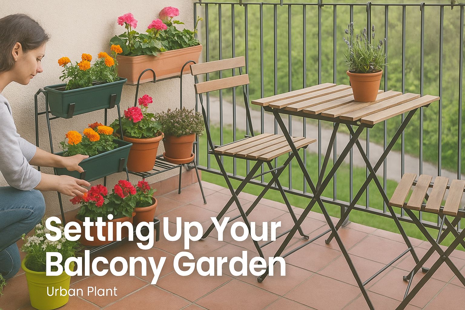 Setting up your balcony garden – Urban Plant setup with a woman arranging marigolds and geraniums in planters on a cozy balcony with wooden furniture and a railing view.